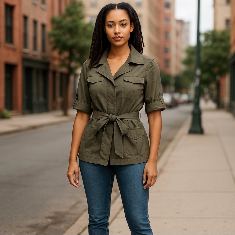 Ann Taylor‎ Utility Jacket Womens 4 Zip Up Belted Army Green Lightweight Classic